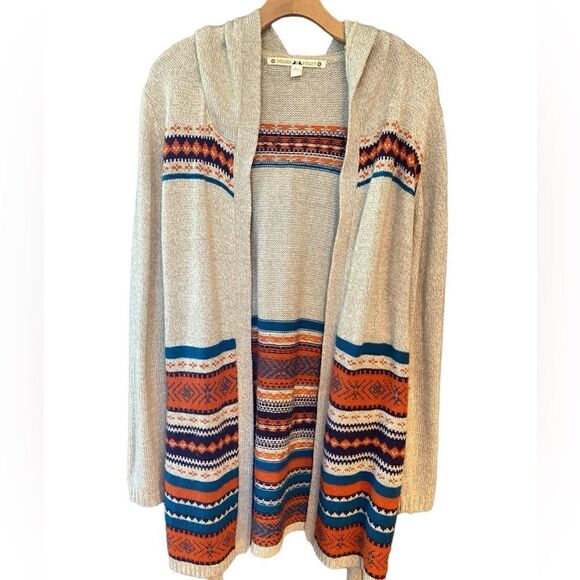Chelsea & Violet L Beige Aztec Southwestern Knit Long Waist Tie Sweater Hoodie - Picture 4 of 8